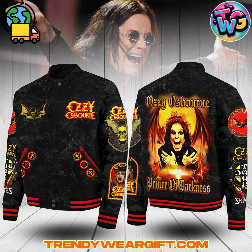 Ozzy Osbourne Baseball Jacket Ozzy Osbourne baseball jacket with rock band varsity jacket design, featuring Prince of Darkness artwork, heavy metal concert outerwear, Ozzy Osbourne merchandise jacket for fans.