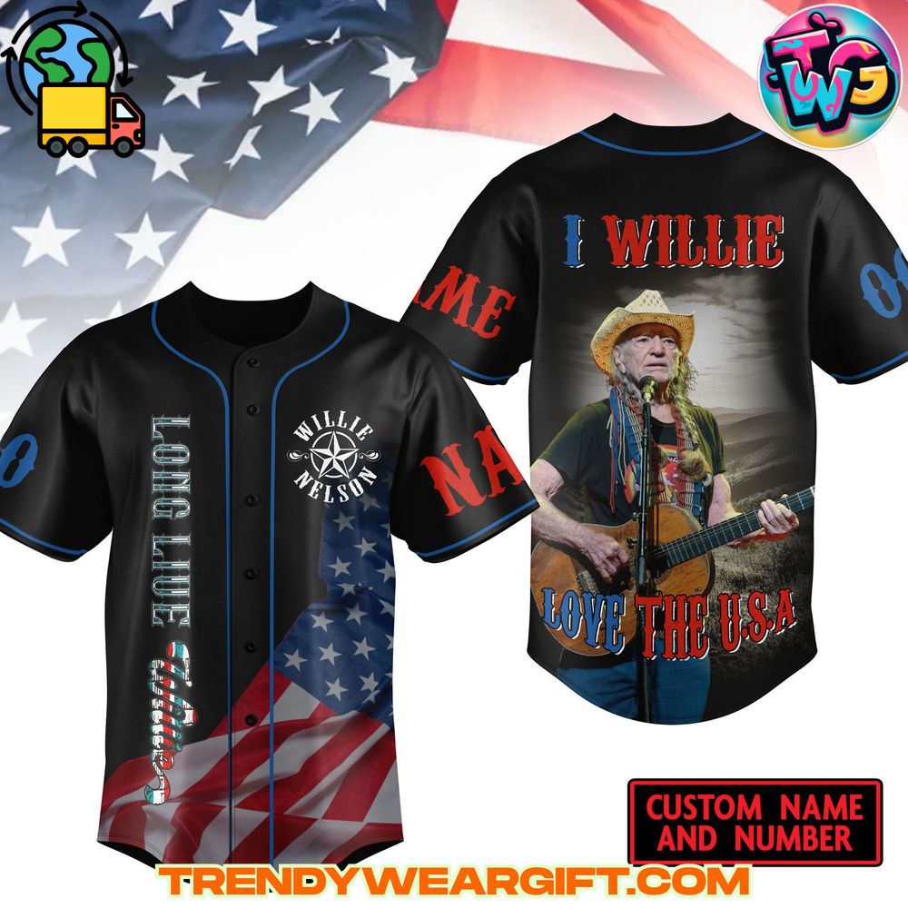 Willie Nelson Baseball Jersey Willie Nelson baseball jersey with American flag design and Willie Nelson concert photo, custom name and number option, unisex fan apparel for concerts and tour merch.